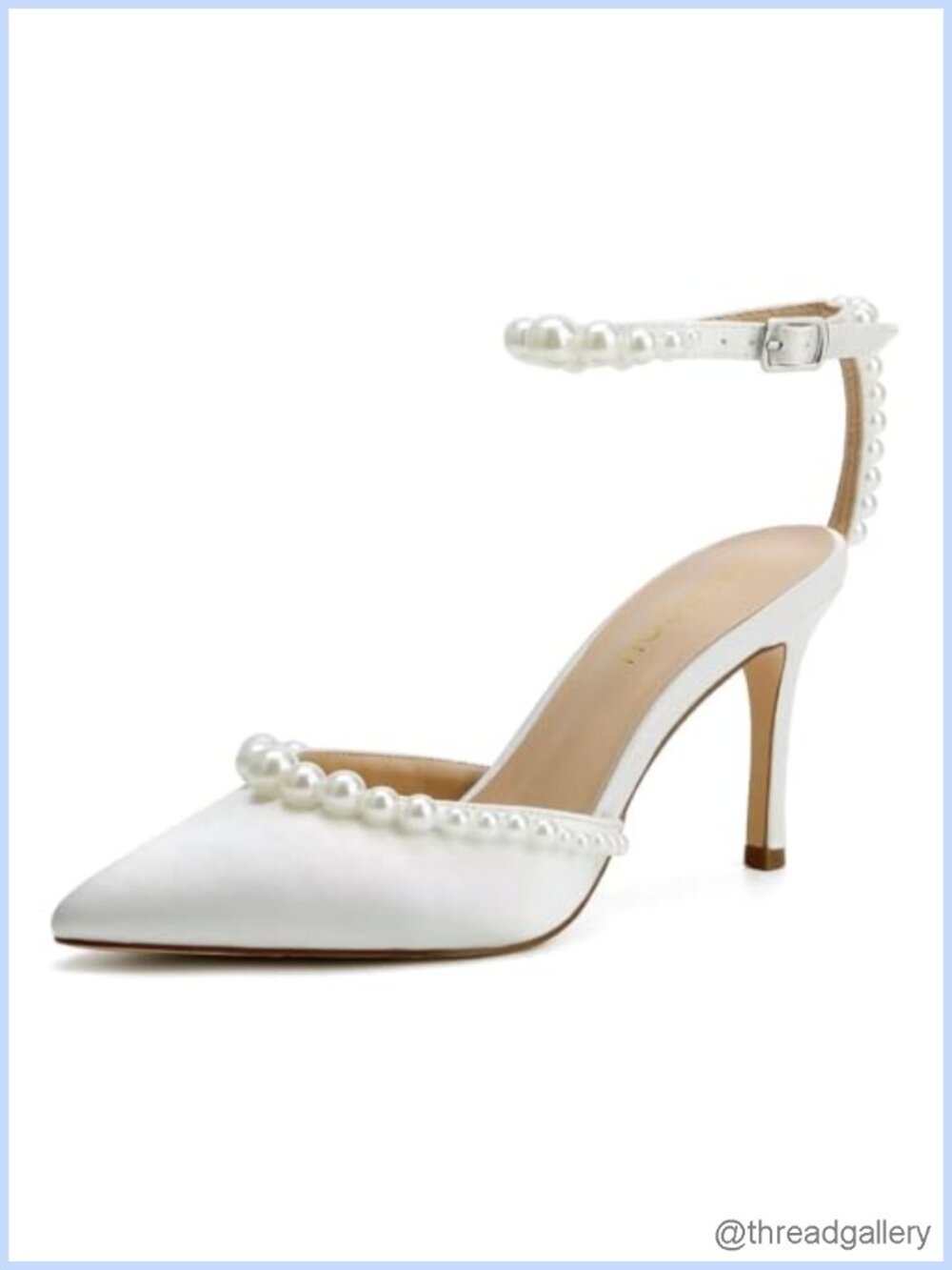 Pearl Ankle Strap Wedding Pumps Pointed Toe Satin Stiletto Heels Bride